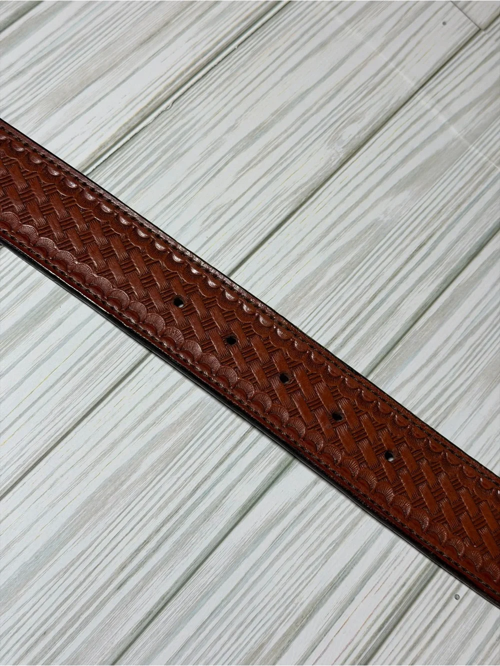 Vintage Strong Tooled Leather Belt 42 Brown Western Brass Buckle USA